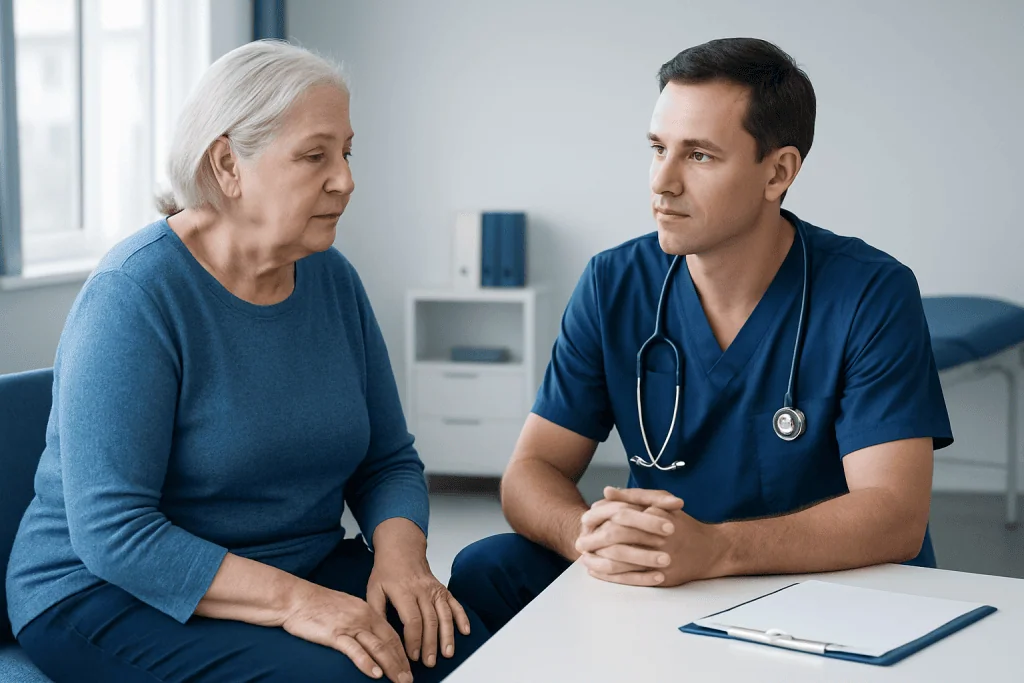Doctor consulting with elderly patient in a hospital setting.