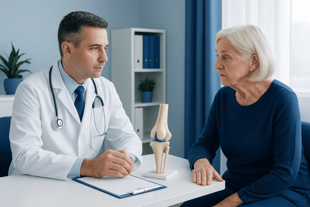 Orthopedic consultation with a doctor and elderly patient discussing knee health.