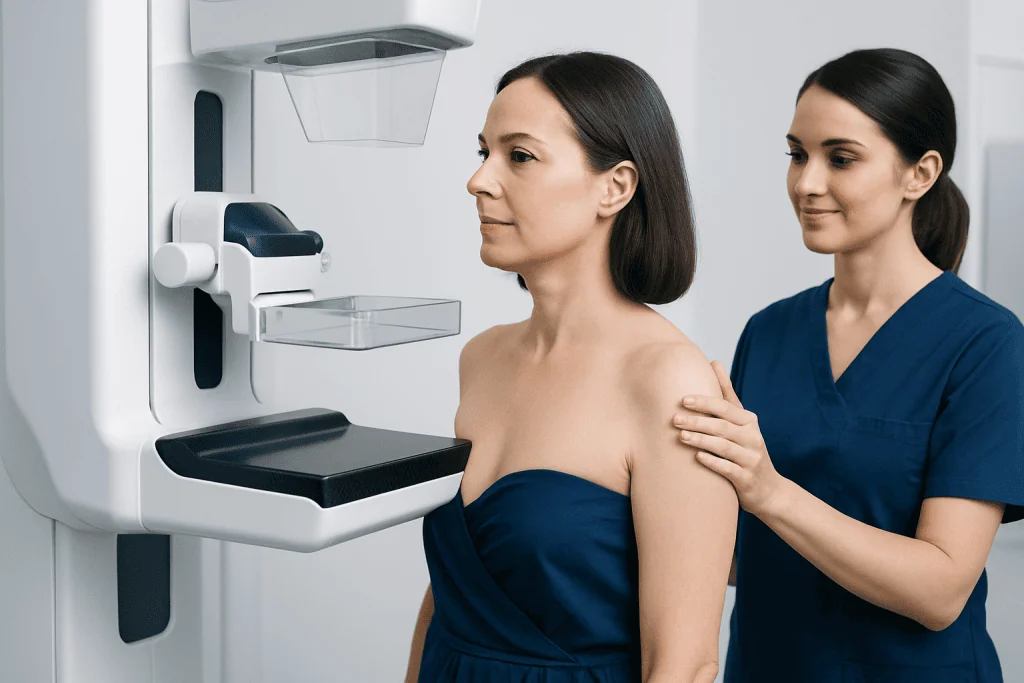 Woman undergoing a mammogram at Acibadem Hospital for breast health screening.