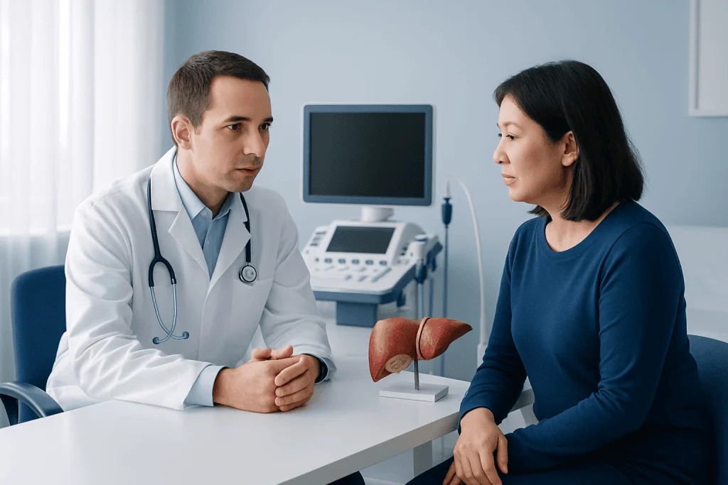 Doctor consulting with a patient about liver health in a medical office.