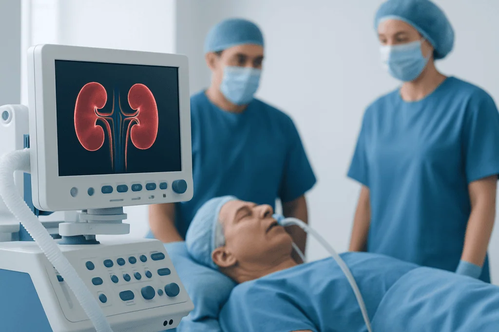 Medical team performing kidney transplant surgery in an operating room.