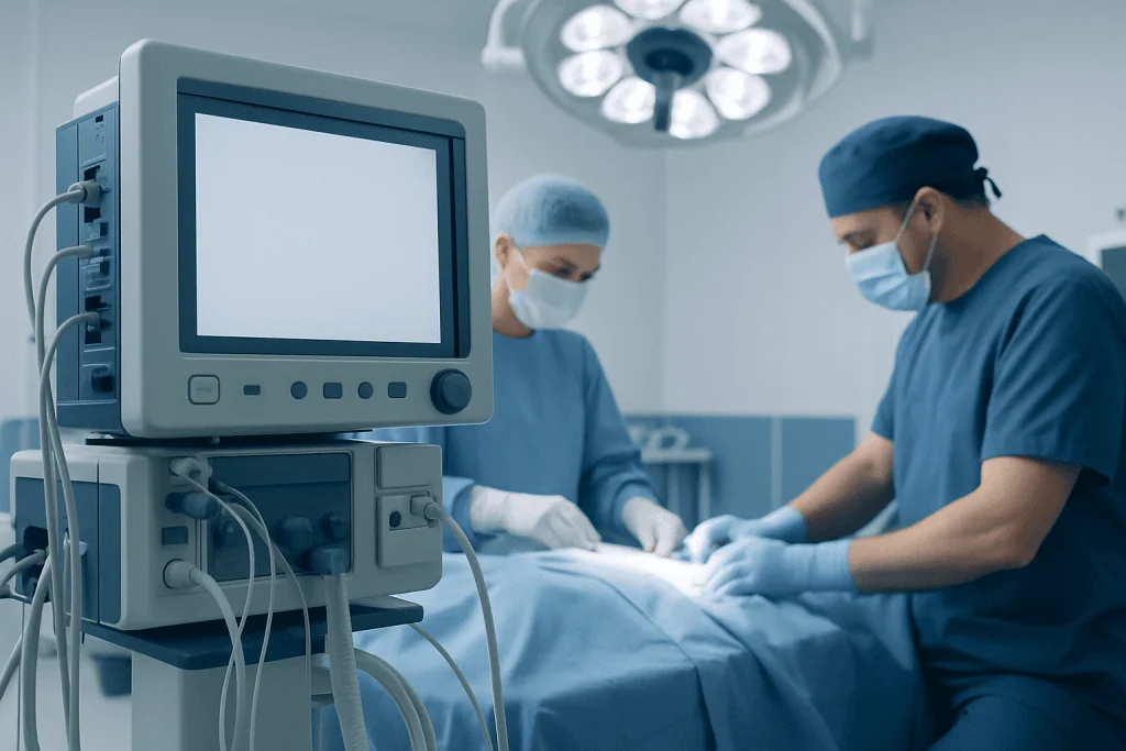 Surgeons performing kidney transplant surgery in an operating room.