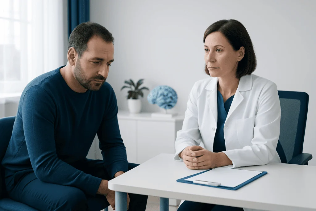 Doctor consulting with a male patient in a clinical setting.