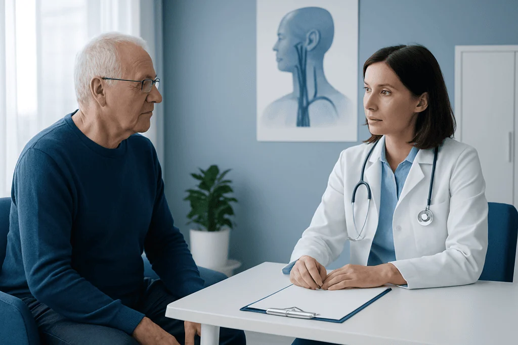 Doctor consulting with an elderly male patient in a medical office.