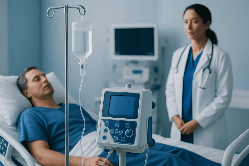 Patient in hospital bed connected to IV and medical monitor with doctor nearby.
