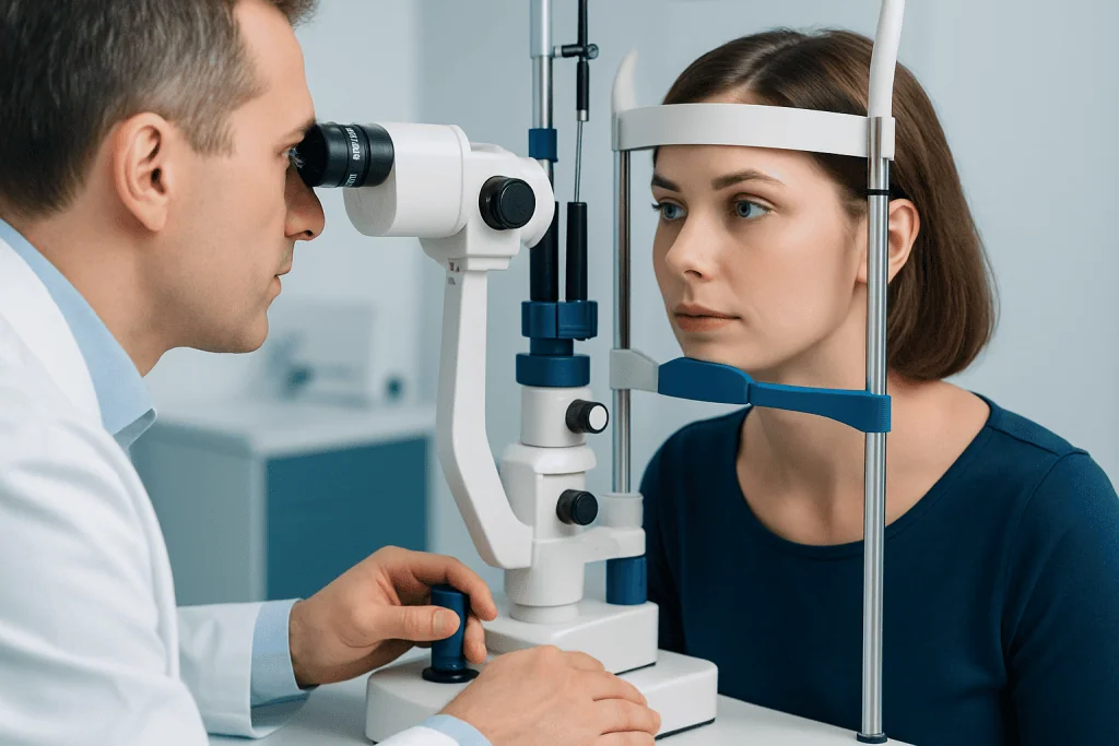 Ophthalmologist examining a patient's eye with a slit lamp.