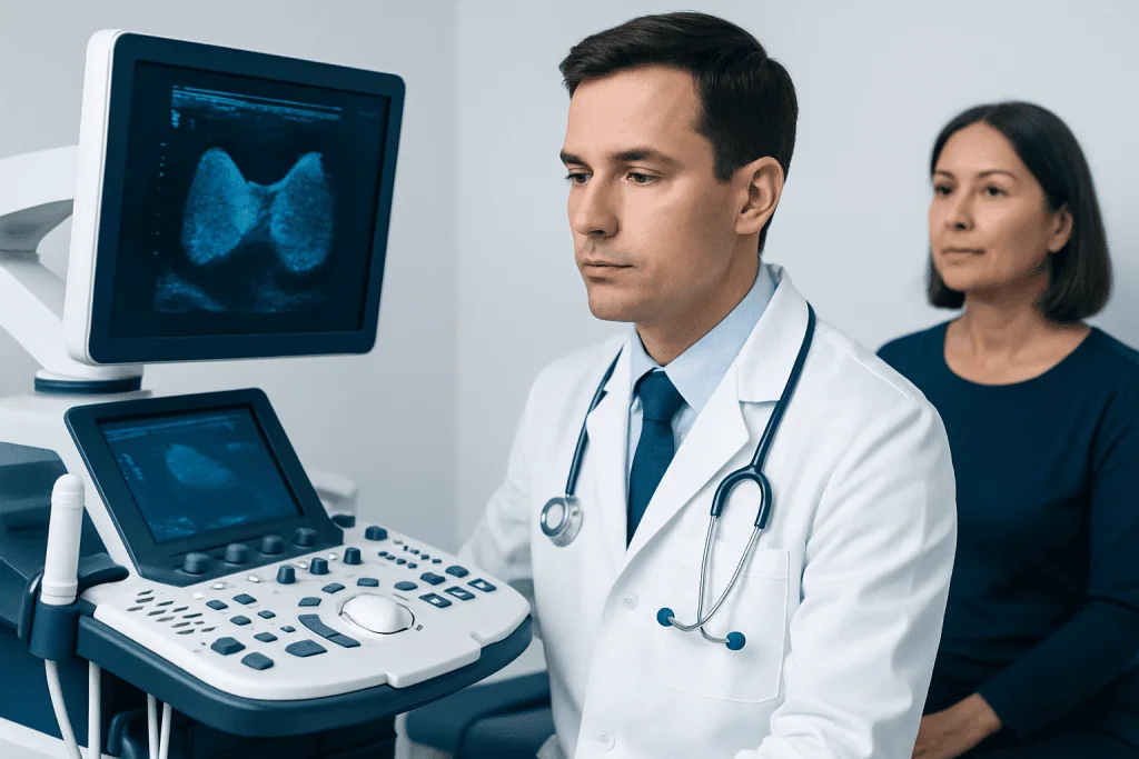 Doctor performing an ultrasound scan in a medical clinic.