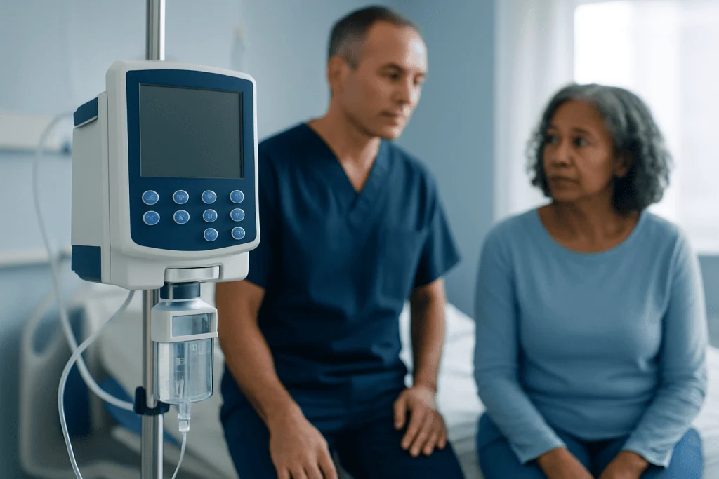 Doctor and patient in hospital room with medical monitor.