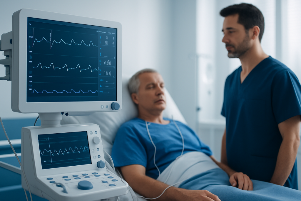 Patient undergoing cardiac monitoring in a hospital setting.