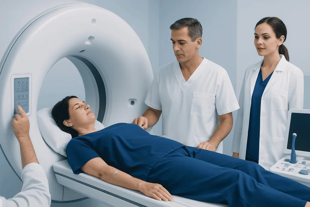 Patient undergoing a contrast imaging scan at Acibadem Hospital.