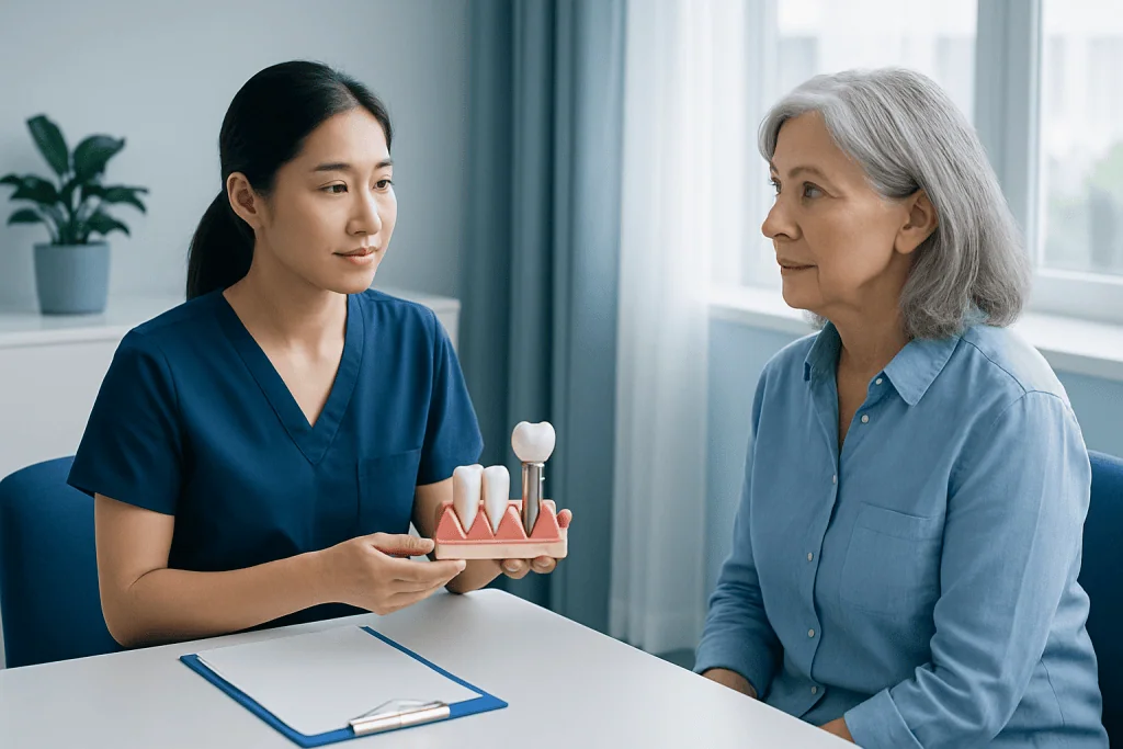Dental professional explaining dental implants to an older woman.