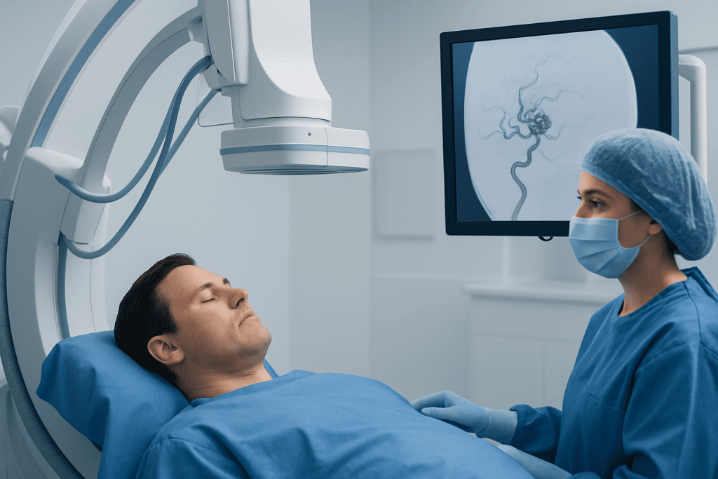 Patient undergoing brain vessel coiling procedure in a modern hospital.