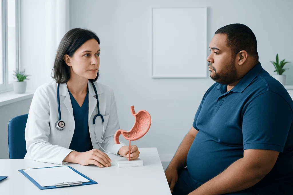 Doctor explaining gastric surgery to patient in consultation room.