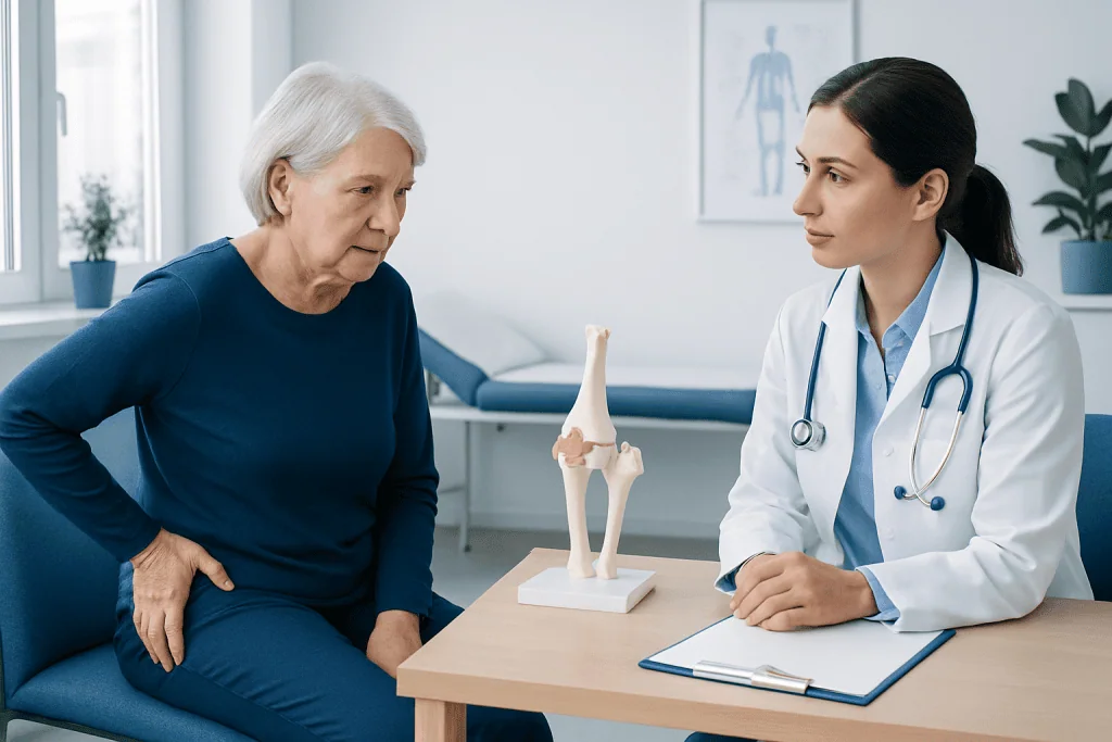 Doctor explaining hip replacement options to elderly woman in clinic.