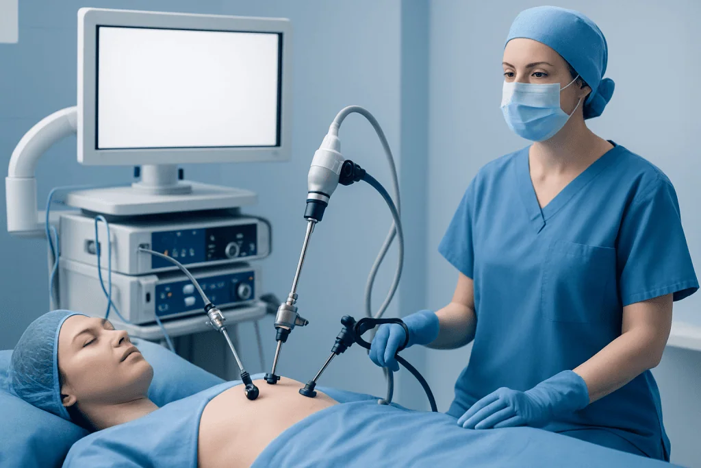 Doctor performing ovarian cyst treatment with ultrasound guidance in hospital.