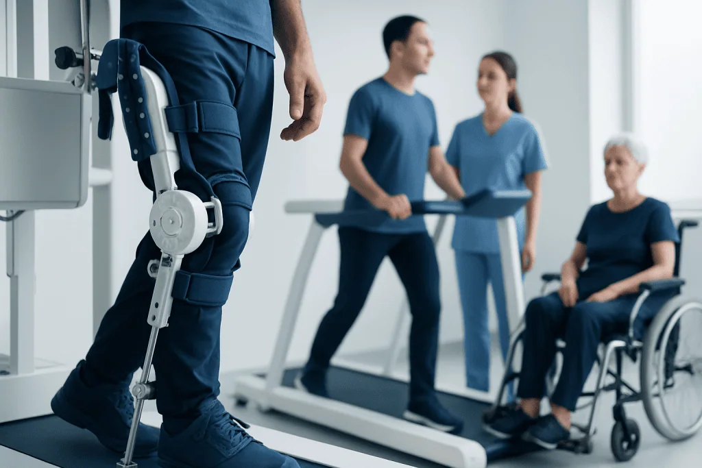 Rehabilitation therapy session with a patient using a prosthetic leg in a clinical setting.