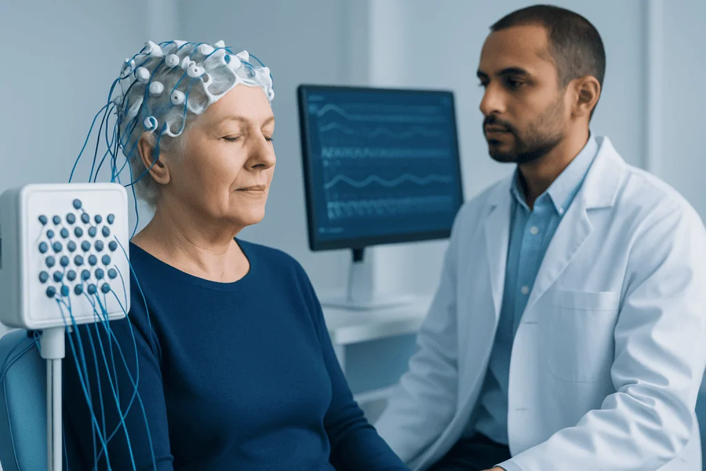 EEG test being performed on an elderly woman in a medical setting.