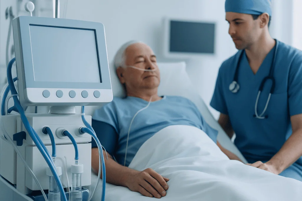 Patient in hospital bed with medical staff and monitoring equipment.