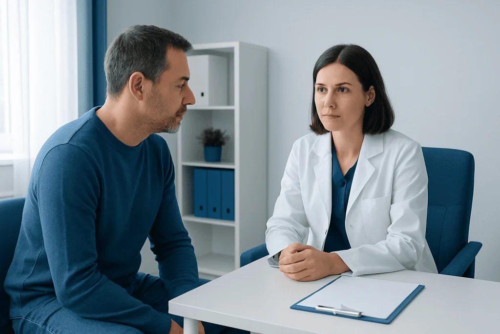 Doctor and patient in consultation at a medical clinic.
