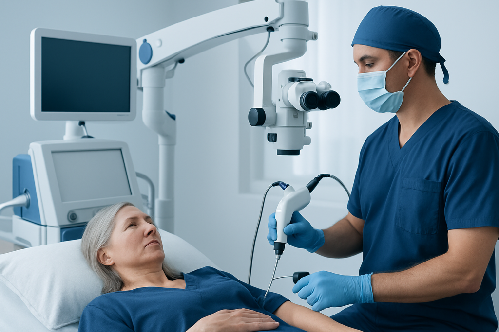 Surgeon performing carpal tunnel surgery with advanced medical equipment.