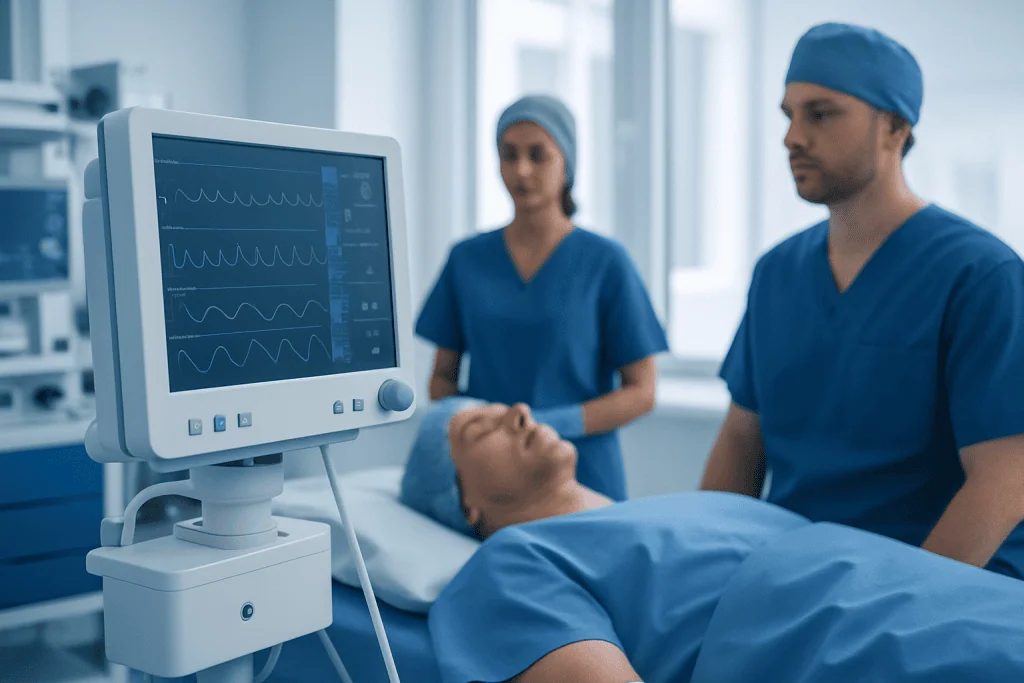 Medical team monitoring patient during surgery at Acibadem Hospital.