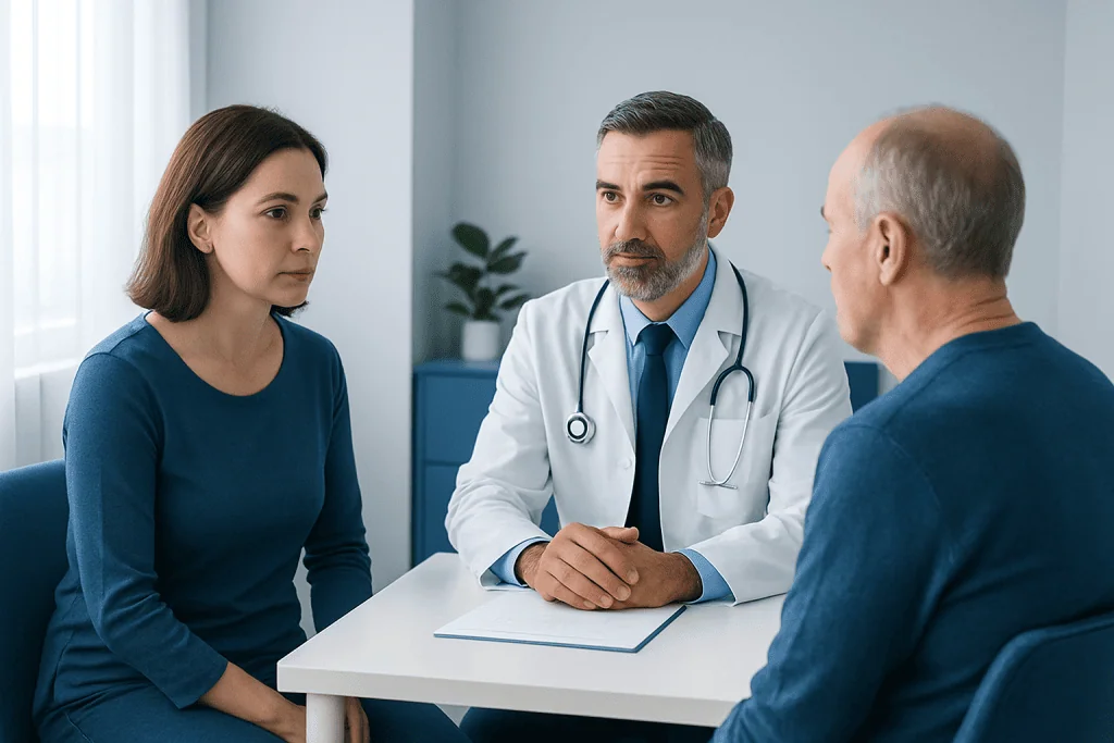 Doctor consulting with a patient and companion in a medical office.