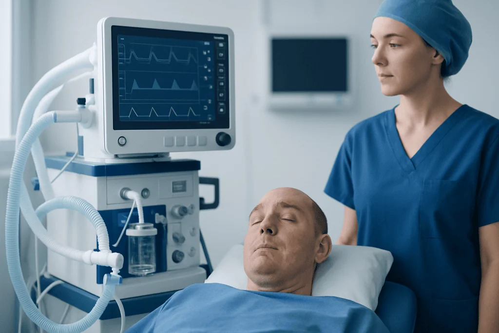 Patient monitored with medical equipment in a hospital setting.