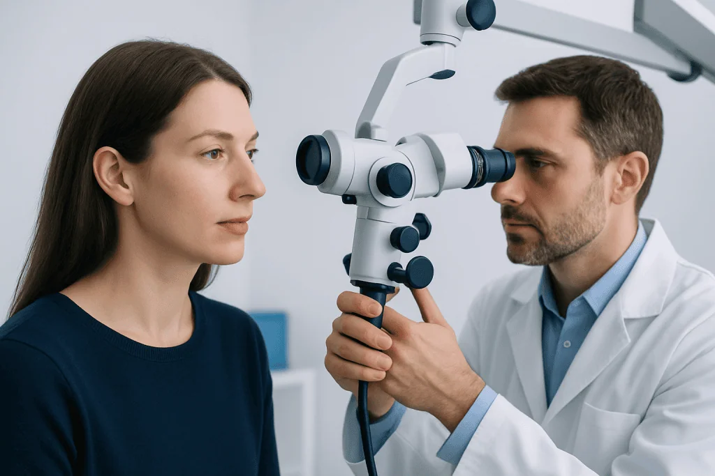 Ear Doctor vs ENT Specialist: Which One Do You Need? 1 ENT specialist examining a woman's ear with a microscope in a clinic.
