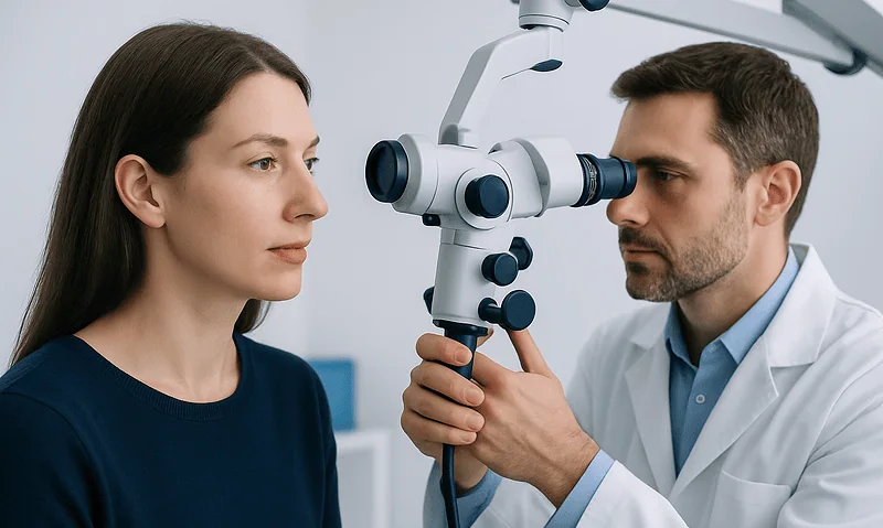 ENT specialist examining a woman's ear with a microscope in a clinic.