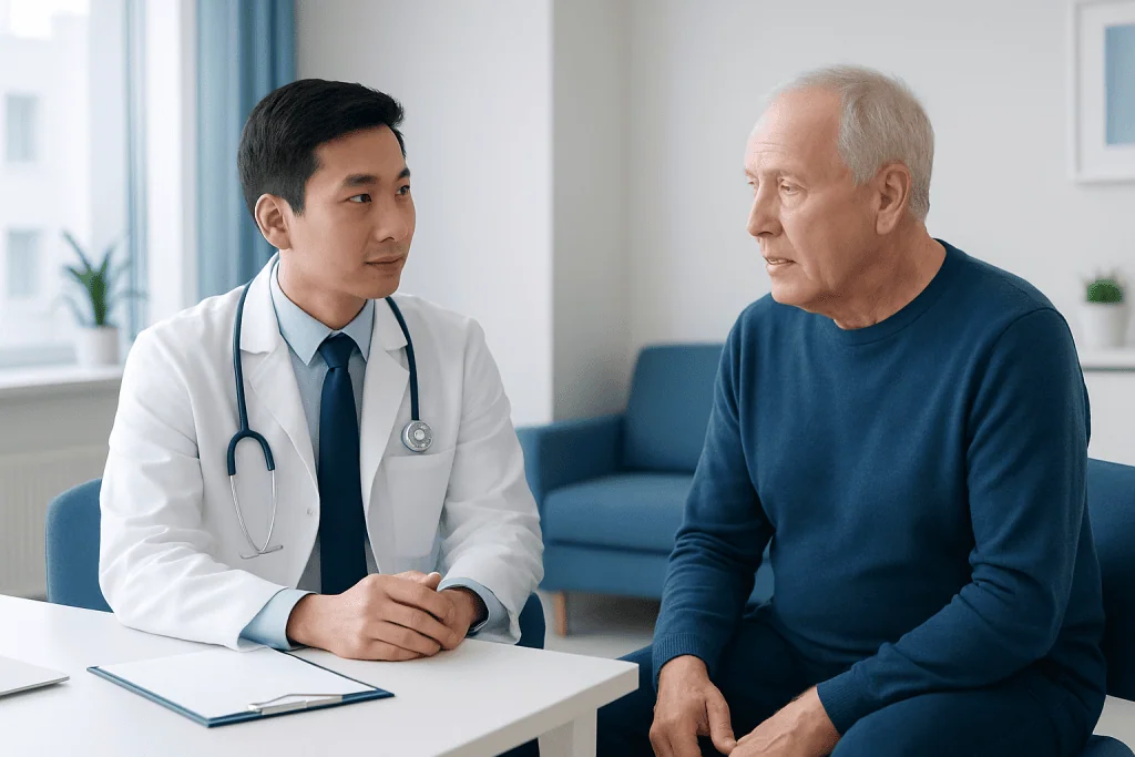 Doctor consulting with an elderly patient in a modern clinic setting.