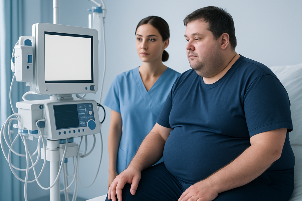 Patient undergoing medical examination with healthcare professional in hospital.
