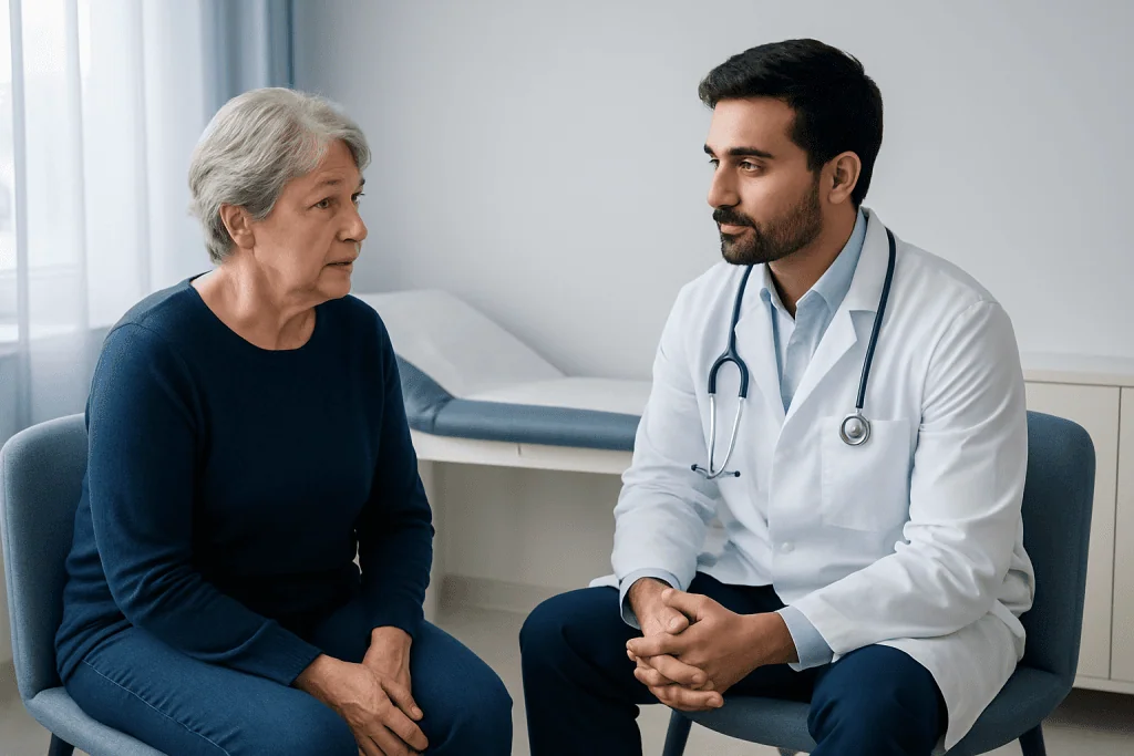 Doctor consulting with elderly female patient in a medical office.