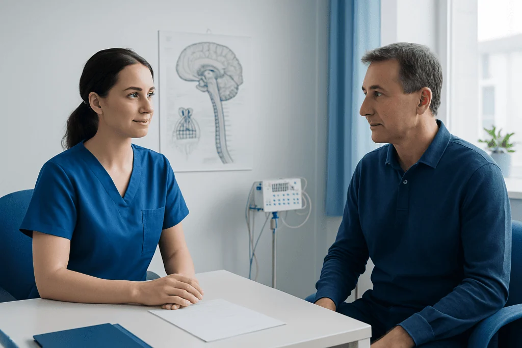 Doctor and patient discussing neurophysiology tests in a clinic room.