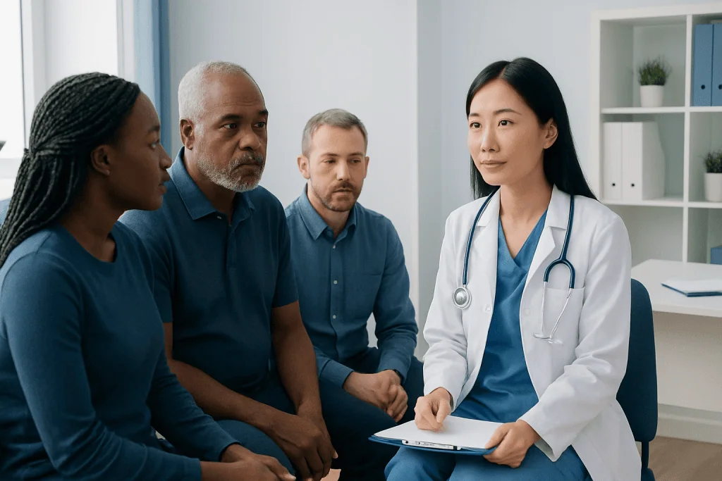 Doctor consulting with diverse patients in a medical office setting.