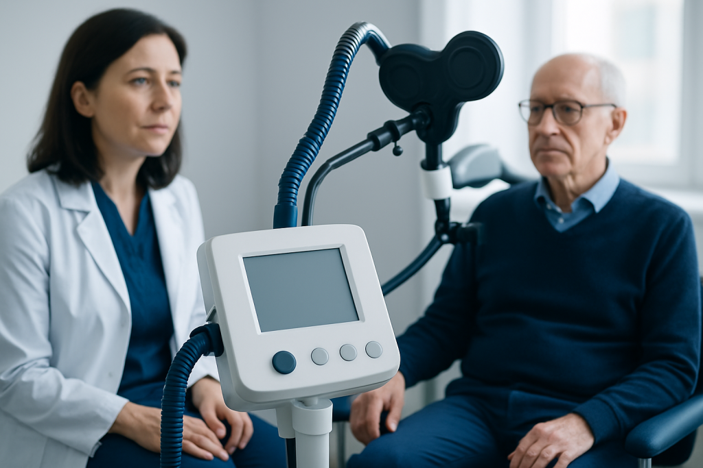 Doctor and patient during a medical examination with a breathing device.