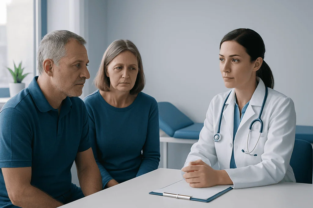 Doctor discussing genetic testing options with a patient and companion.