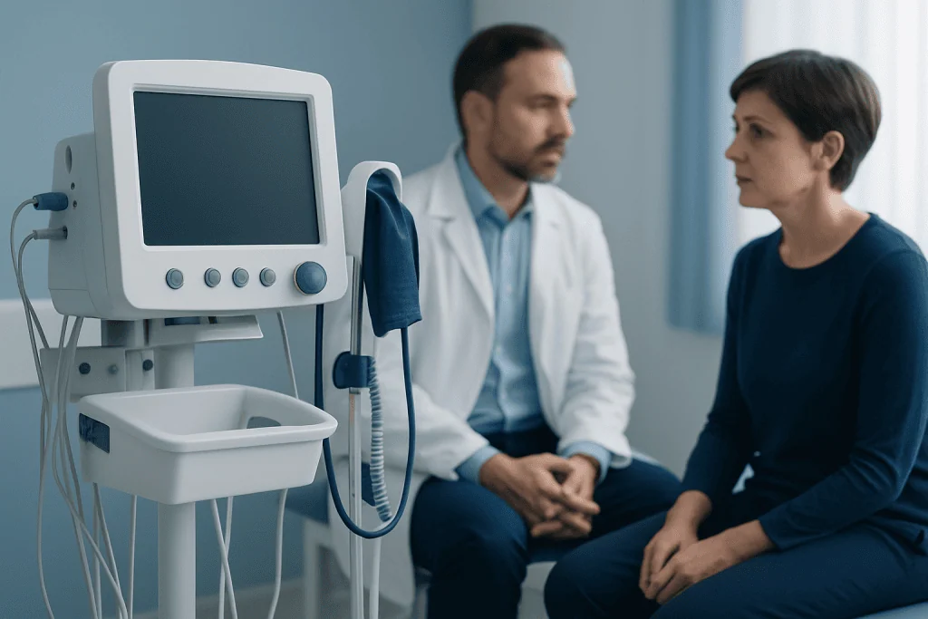 Doctor and patient in a mental health consultation room with medical equipment.