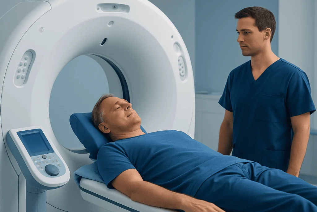 Patient undergoing MRI scan at Acibadem Hospital for prostate health assessment.