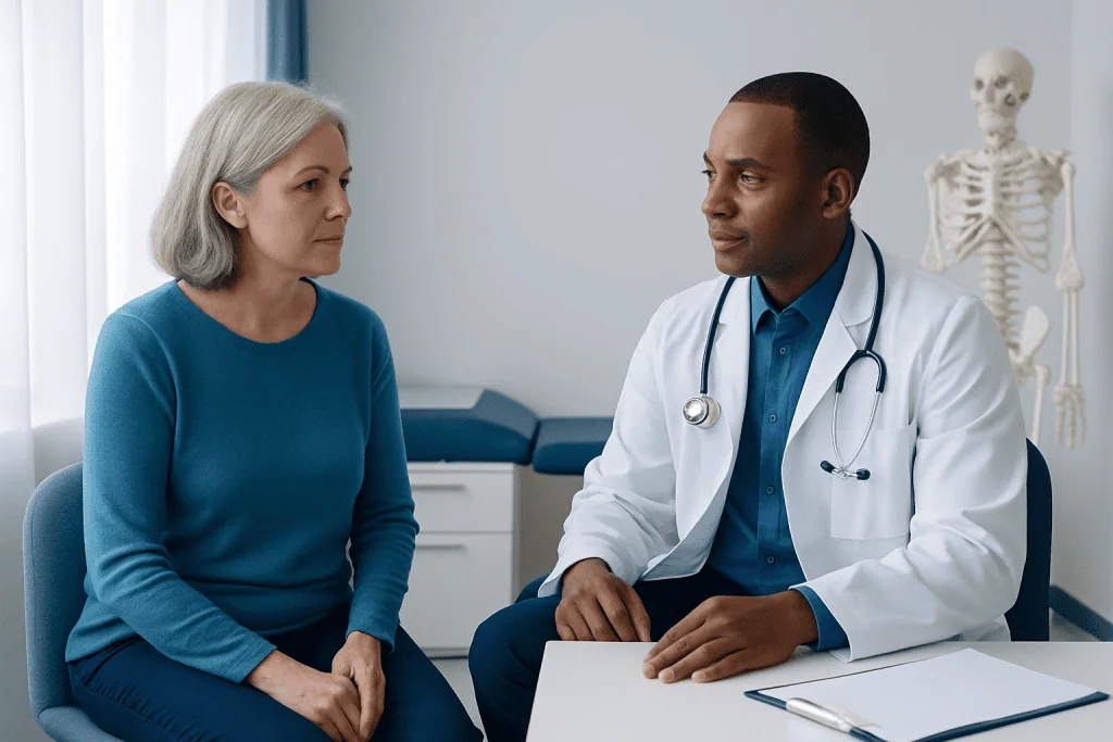 Doctor consulting with a patient in a medical office with a skeleton model in background.