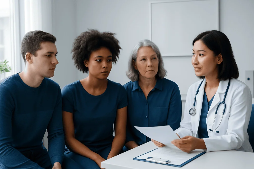 Doctor discussing health with diverse group of patients in clinic.