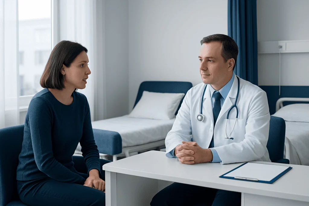 Doctor consulting with a patient in a hospital room in Turkey.