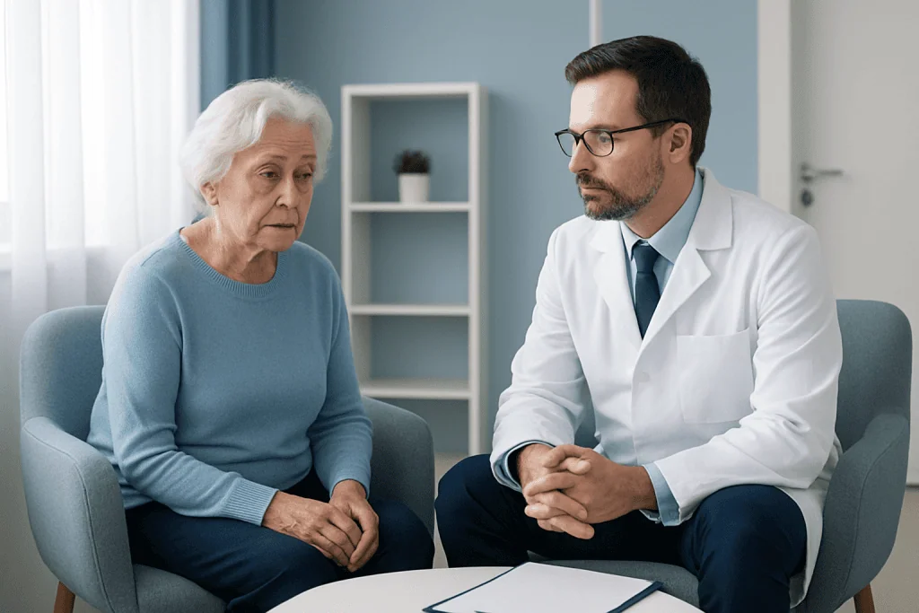 Doctor consulting with elderly woman in a medical office setting.