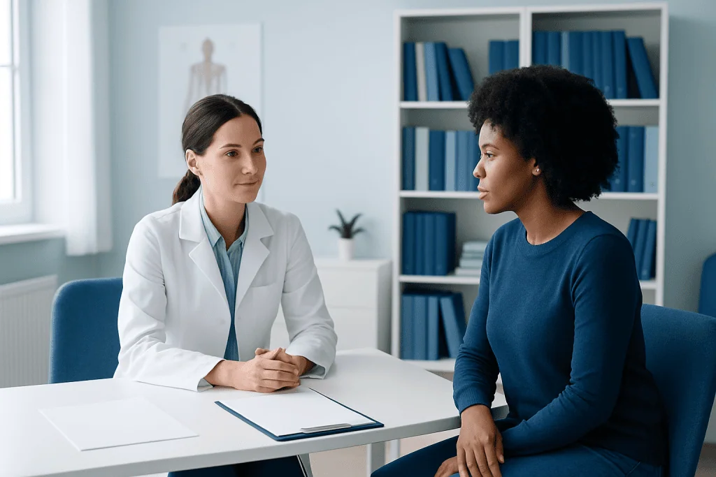 Doctor consulting with a patient in a medical office setting.