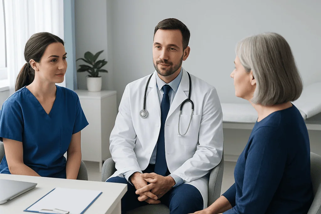 Doctor discussing patient care with two healthcare professionals at Acibadem Hospital.