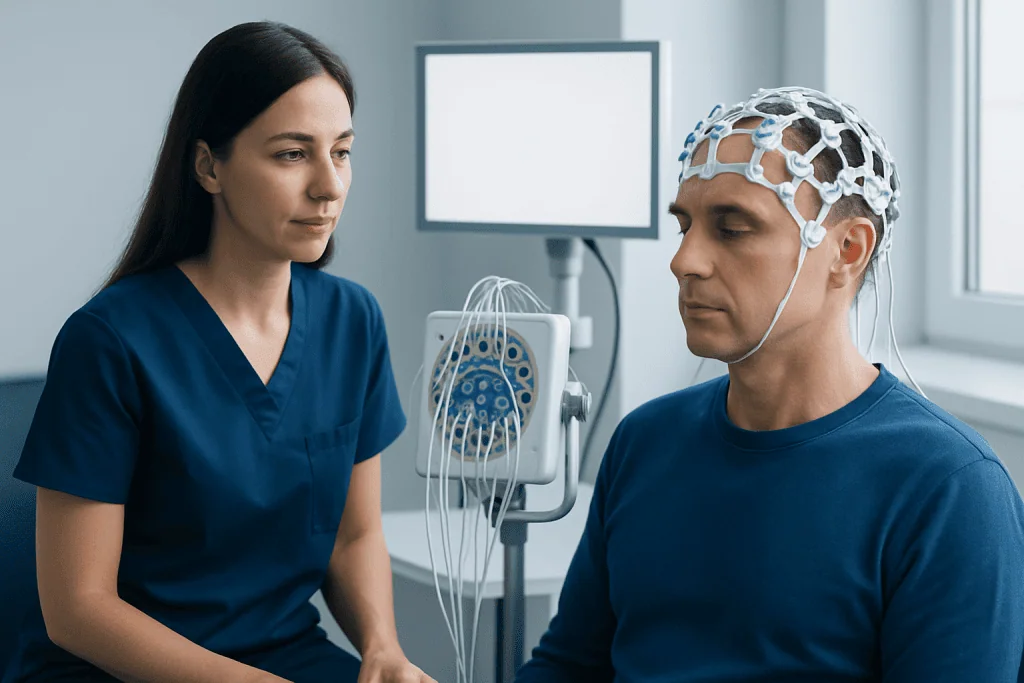 Patient undergoing neuropsychological testing with EEG cap at a hospital.