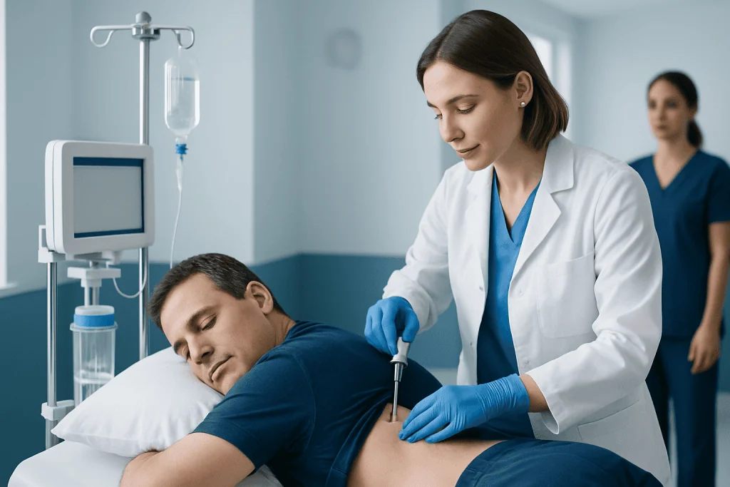 Doctor performing a bone marrow biopsy on a patient in a hospital setting.