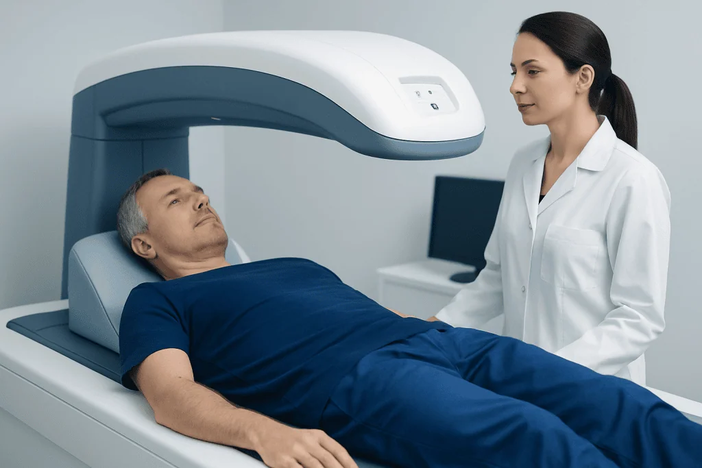 Patient undergoing bone scan for joint and spine assessment at Acibadem Hospital.