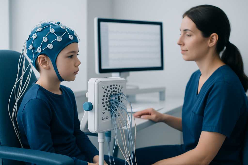 Child undergoing EEG brain wave test at Acibadem Hospital.