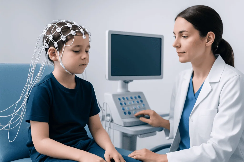 Child undergoing EEG test with medical professional in clinic.
