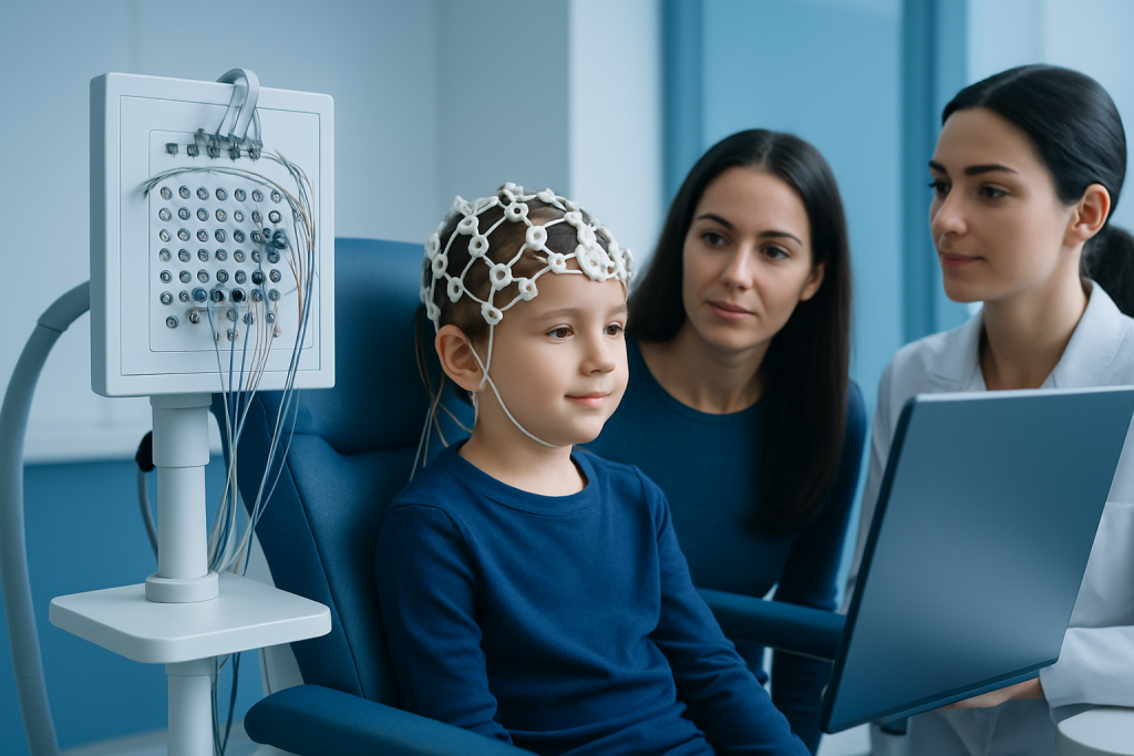 Child undergoing neuropsychological testing with EEG monitoring at a hospital.